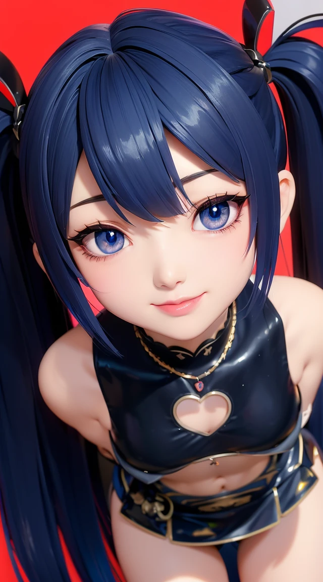  (masterpiece:1.3), (Best Quality:1.3), (Ultra-detailed:1.2), ((kawaii)), Cute, (lovely), ((sexy)), ((Extremely detailed)), 4K, (8K), Best Quality, (Beautiful), Illustration, anime style, (bold line:1.2), Gradation, looking at viewer, //, (bent down:1.1), (arms behind back), //, a cute girl, 1girl, (solo:1.2), gleaming skin, //, (flat chested), (Perfect eyes:1.2), (Perfect iris:1.2), //, darkblue hair color, (beautiful eyes) //, (half closed eyes:1.3), ( expression:1.2), Fascinated expression, smile, (blush:1.2), //, modern city background, on rock, twin tails, straight bangs, muscle girl, hard abs,  abs, NECKLACE, skirt, heavy armor suit, mecha musume, underboobs