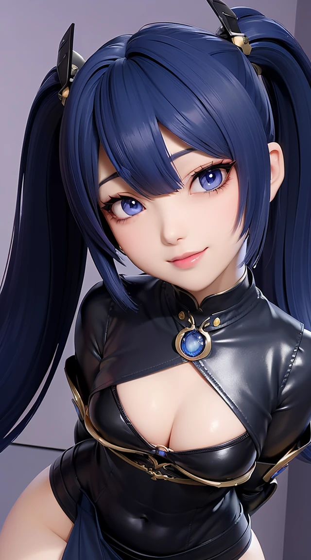  (masterpiece:1.3), (Best Quality:1.3), (Ultra-detailed:1.2), ((kawaii)), Cute, (lovely), ((????)), ((Extremely detailed)), 4K, (8K), Best Quality, (Beautiful), Illustration, anime style, (bold line:1.2), Gradation, looking at viewer, //, (bent down:1.1), (arms behind back), //, a cute girl, 1girl, (solo:1.2), gleaming skin, //, (????????????), (Perfect eyes:1.2), (Perfect iris:1.2), //, darkblue hair color, (beautiful eyes) //, (half closed eyes:1.3), (?????? expression:1.2), Fascinated expression, smile, (blush:1.2), //, modern city background, on rock, twin tails, straight bangs, muscle girl, hard abs, exposed abs, NECKLACE, skirt, heavy armor suit, mecha musume, underboobs