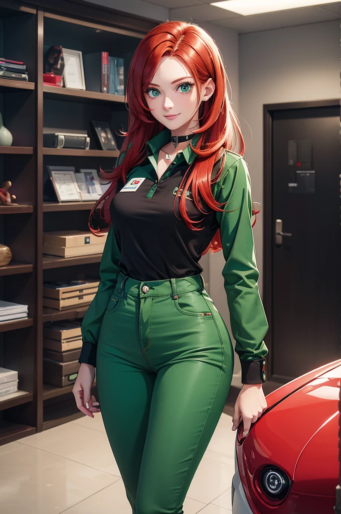 A digital representation of a young woman with vibrant red hair, green eyes and technology style, She is wearing pants and a polo collar, she works at a technology company and she is between 25 and 30 years old. She has a happy expression on her face and is an IT specialist.. Also create legs according to her size and proportions