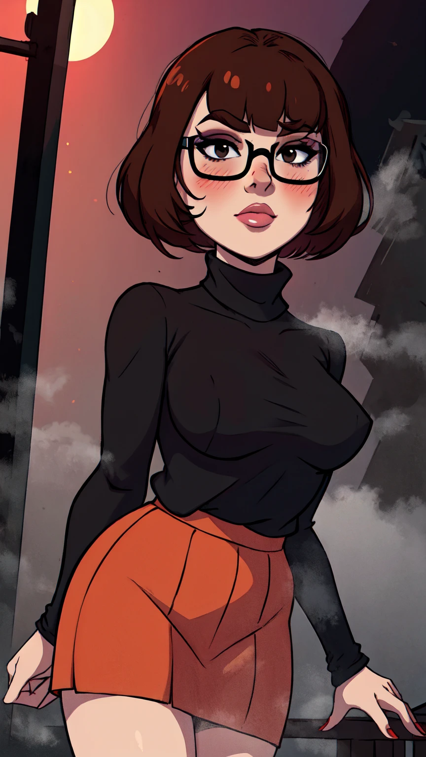 1girl, Velma from scooby-doo, solo, skinny, brown hair, black eyes, square glasses, orange turtleneck blouse and red skirt,  eyeliner, looking at viewer, lips, brown bob cut, blunt bangs, blush, standing, upper body, face focus, outdoors, horror \(theme\), night, fog egirlmakeup,  moonlight background