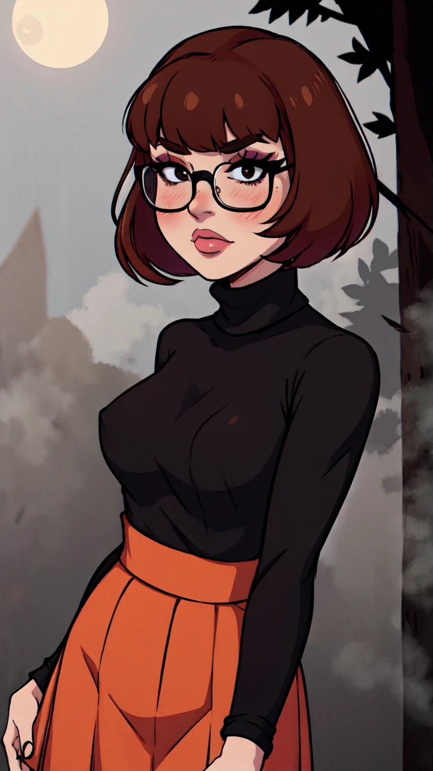 1girl, Velma from scooby-doo, solo, skinny, brown hair, black eyes, square glasses, orange turtleneck blouse and red skirt,  eyeliner, looking at viewer, lips, brown bob cut, blunt bangs, blush, standing, upper body, face focus, outdoors, horror \(theme\), night, fog egirlmakeup,  moonlight background