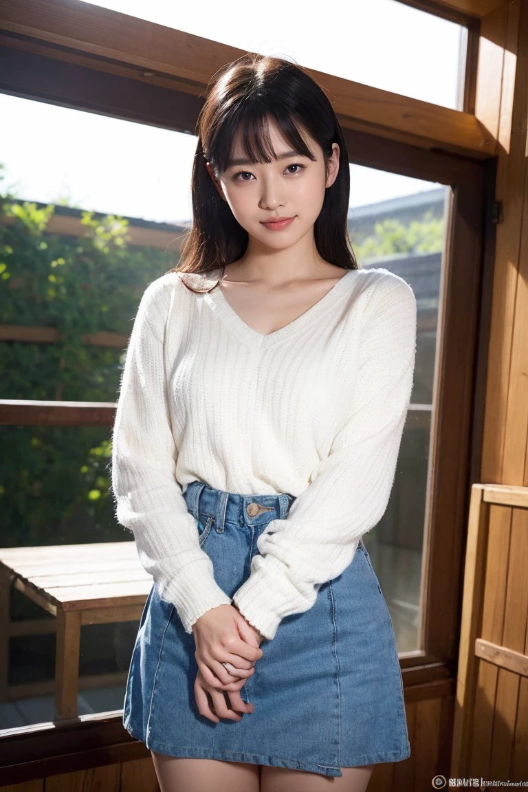 (8K, RAW Photos, Highest quality, masterpiece:1.2), Very detailed, Super Resolution, (Realistic, Realistic Photo:1.37), Portraiture, High-resolution RAW color photos, Professional photos, Very detailedで美新しい, Very detailed, 8K壁紙, Amazing details, Large file size, Official Art, highly detailed CG unity 8K壁紙, Very detailed美少女, Very detailed顔, Very detailed目, Very detailed肌, Very detailed指, Very detailed鼻, Very detailed詳細な口 , Perfect Anatomy, Very detailed背景, Very detailed衣服, 1 Girl,, 20th generation, Cute girl, Realistic body, small, Fair skin, Glowing Skin , Black Hair , Curly Hair、 smile, Cute face, Realistic face, Delicate eyes, V Neck Knitted Dress, Looking at the audience, Cowboy Shot, Dynamic Lighting, Large Breasts,