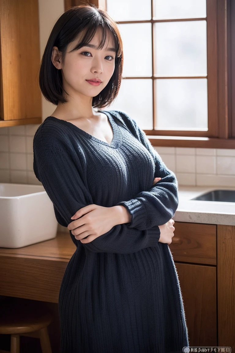 (8K, RAW Photos, Highest quality, masterpiece:1.2), Very detailed, Super Resolution, (Realistic, Realistic Photo:1.37), Portraiture, High-resolution RAW color photos, Professional photos, Very detailedで美新しい, Very detailed, 8K壁紙, Amazing details, Large file size, Official Art, highly detailed CG unity 8K壁紙, Very detailed美少女, Very detailed顔, Very detailed目, Very detailed肌, Very detailed指, Very detailed鼻, Very detailed詳細な口 , Perfect , Very detailed背景, Very detailed衣服, 1 Girl,, 20th generation, Cute girl, Realistic body, small, Fair skin, Glowing Skin , Black Hair , Curly Hair、 smile, Cute face, Realistic face, Delicate eyes, V Neck Knitted Dress, Looking at the audience, Cowboy Shot, Dynamic Lighting, Large ,