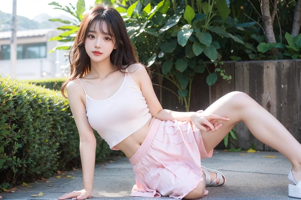 1girl, egirl, korean, wavy hair, white top, pink sarong skirt, up to knees, outdoor, cute pose, glossy lips, full body, realistic, wonyounglorashy