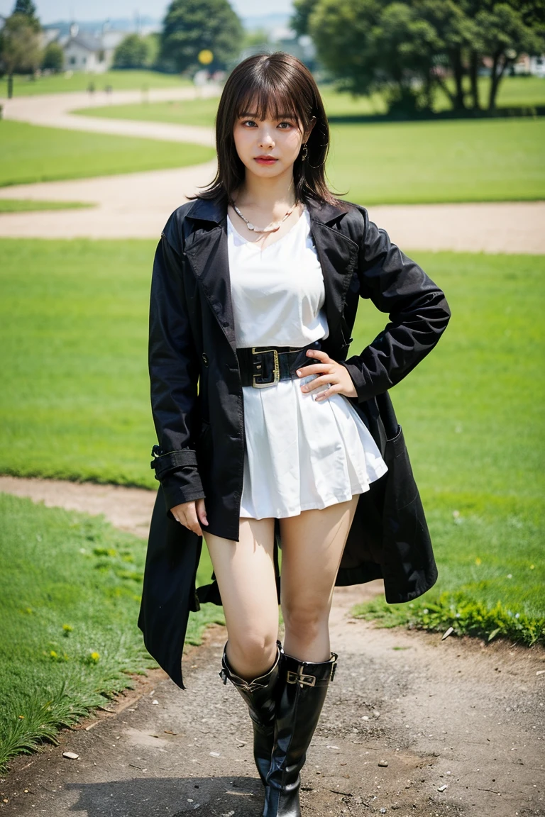 (8K、RAW Photos、Highest quality、masterpiece:1.2)、(Realistic、Realistic)、1 Girl、((Black coat、one piece、Black mini skirt、boots、Big Breasts、whole body、garden、View from the front、Looking into the camera、Stand with one hand on your hip))、