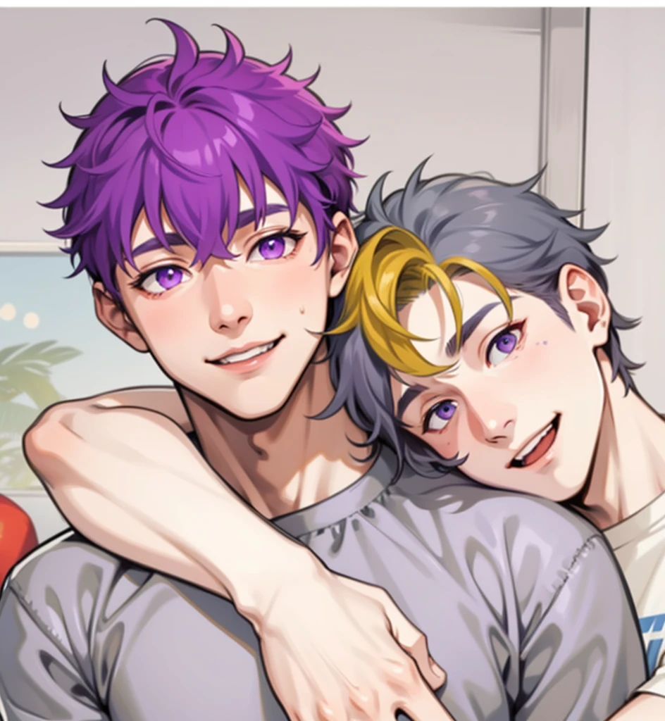 There are two 16-year-old male boys with purple hair and gray hair., purple eyes and gray eyes hug him they smile lovingly his brothers are behind smiling
