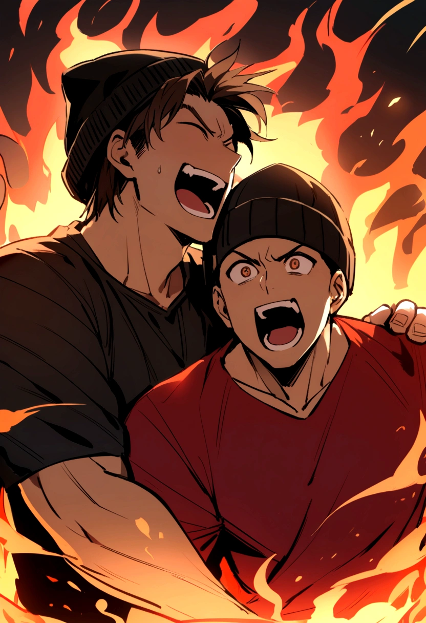 a happy and muscular boy with short black hair wearing a red shirt and next to him another boy with medium-long brown hair has a black beanie hat, This one has black clothes and they are both in a background of fire, both screaming.