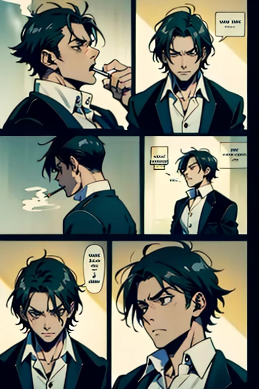 Guy with short black hair smoking and yelling, manga page with panels and dialogue