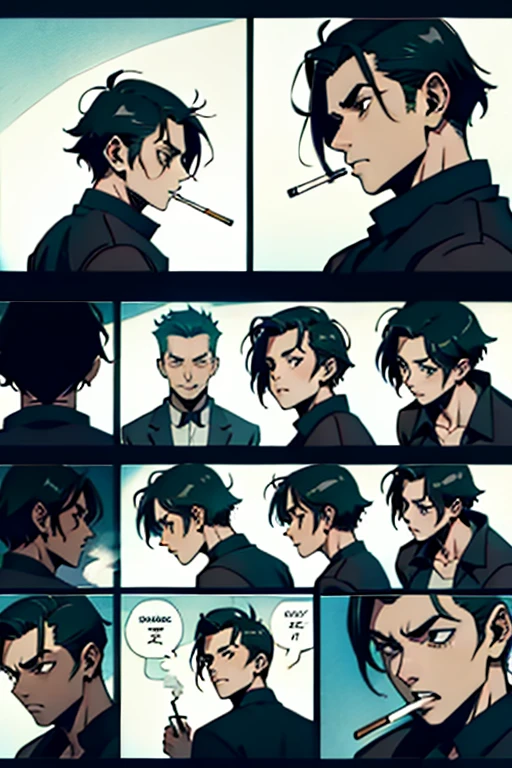  Guy with short black hair smoking and yelling, manga page with panels and dialogue  
