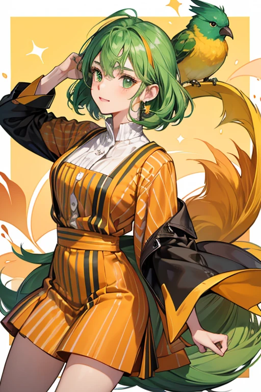 SHE is a green bird with a white jawline, orange cheeks, and a yellow-orange beak, matching his yellow-orange . HER legs are striped yellow and brown and She has an orange stripe on hER tail with a dark green tip. HER overall appearance matches hER cranky personality - with deep, serious eyes and a protruding forehead that makes hER appear mature, which is a trait commonly associated with the cranky villager personality. SHe wore the orange pinstripe shirt (renamed brown-bar tee in New Leaf) in every appearance prior to New Horizons, where She wears the hanten jacke. SPARKLE; GLITTER