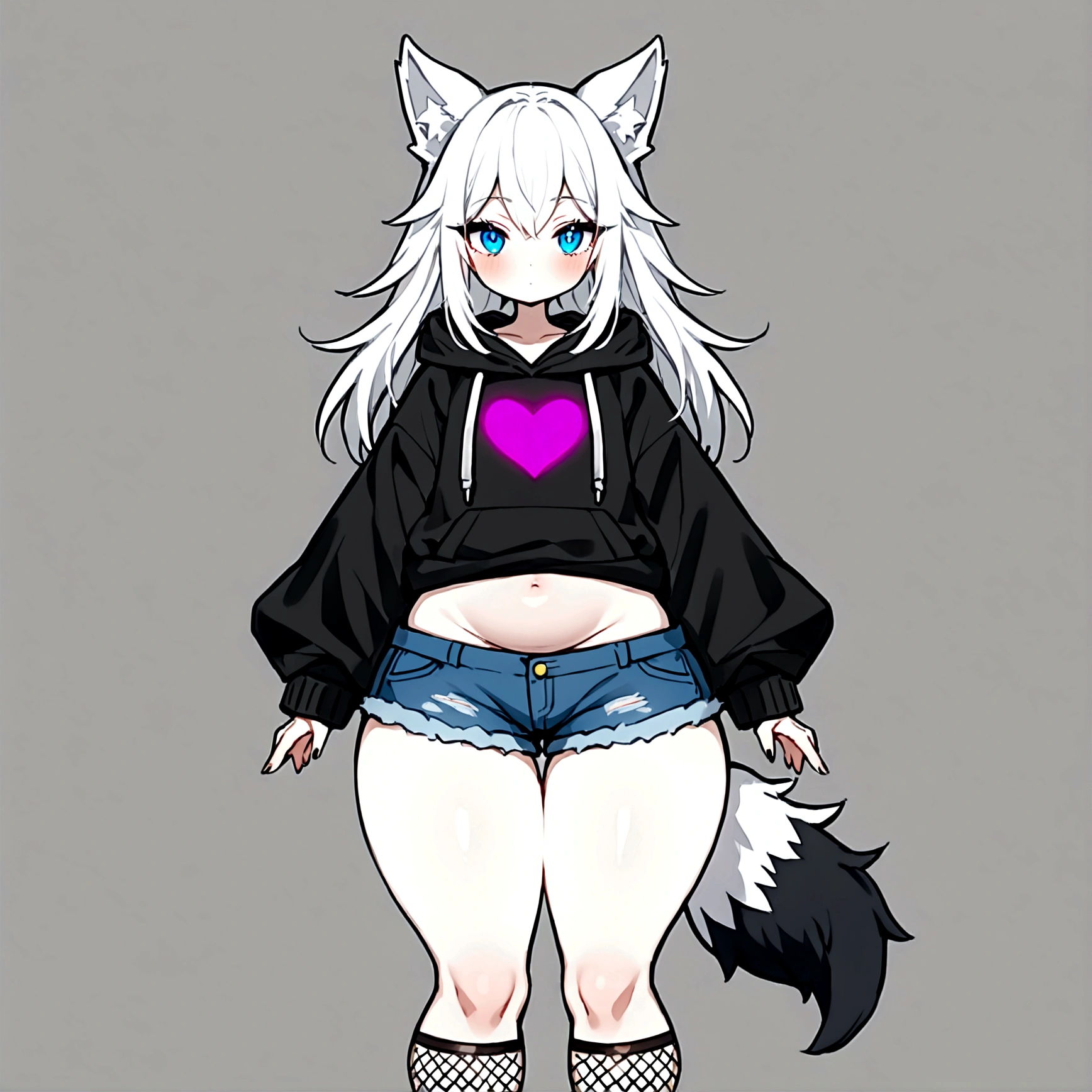 a cute adult male with wolf ears, long white hair, long locks, has a wolf tail, wearing a loose cropped black hoodie, wearing a pair of denim short shorts and fishnet stockings, thick thighs, wide hips, short, very slim, showing slender tummy, heart on hoodie, squishy thighs, has glowing blue eyes. alone, solo (ALONE)(SOLO)