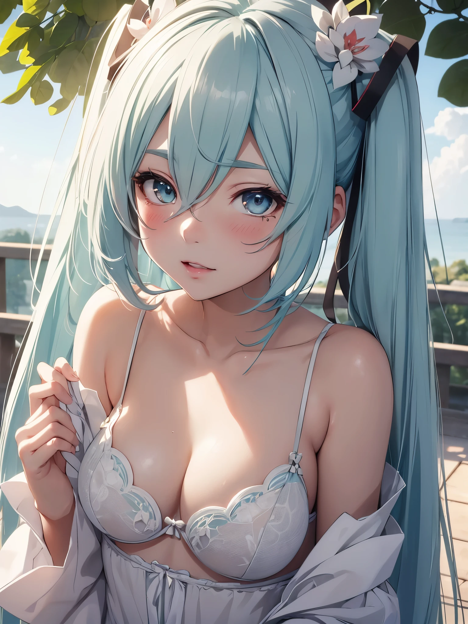Hot Hatsune Miku、pfotorealistic, Highresolution, 1 woman, white-haired, Korean, Heterochromia eyes, Small moles under the eyes,outdoor, blush, lingerie, kissing