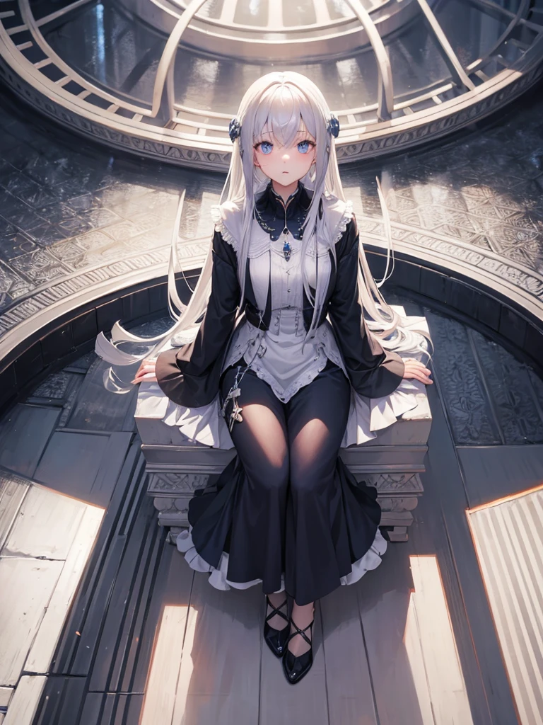 Silver haired girl with big , posing for a picture, sitting, 4k, half body image, white closed dress, blue eyes, perfect fingers two hand, perfect eyes, unseductive anime girl, using hijab