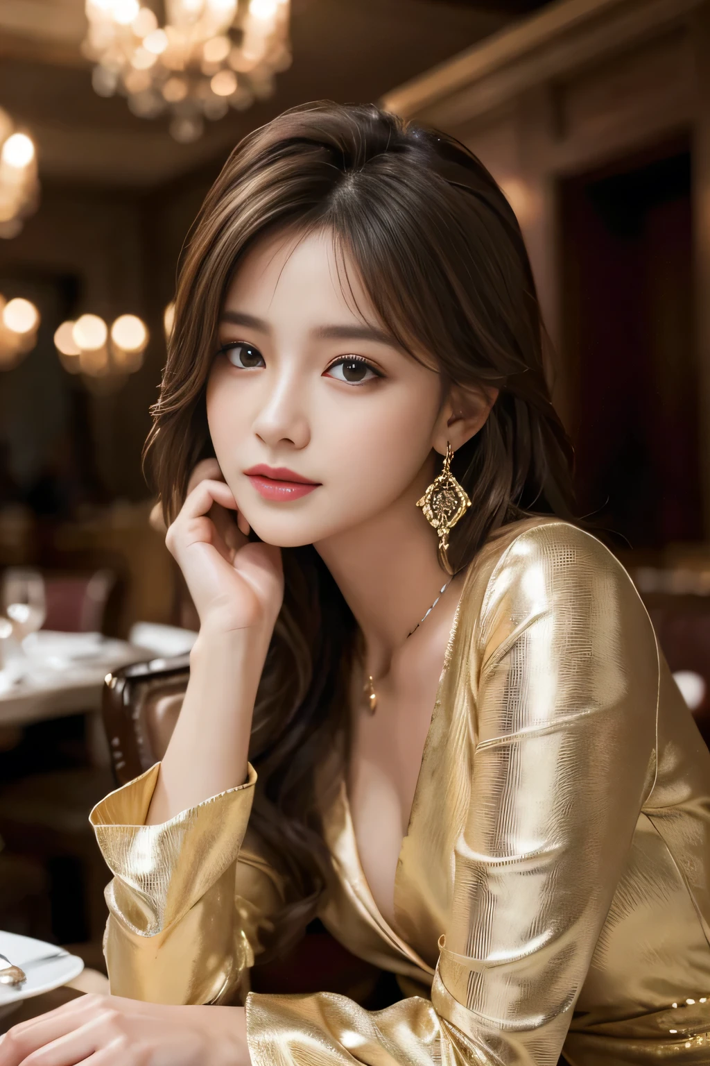 masterpiece, Highest quality, Realistic, Very detailed, Finer details, High resolution, 8k wallpaper, One beautiful woman, Wear a nice suit, In a great restaurant, At night, Light brown messy hair, Perfect dynamic composition, Beautiful and beautiful eyes、Big earrings、Sit on a chair、