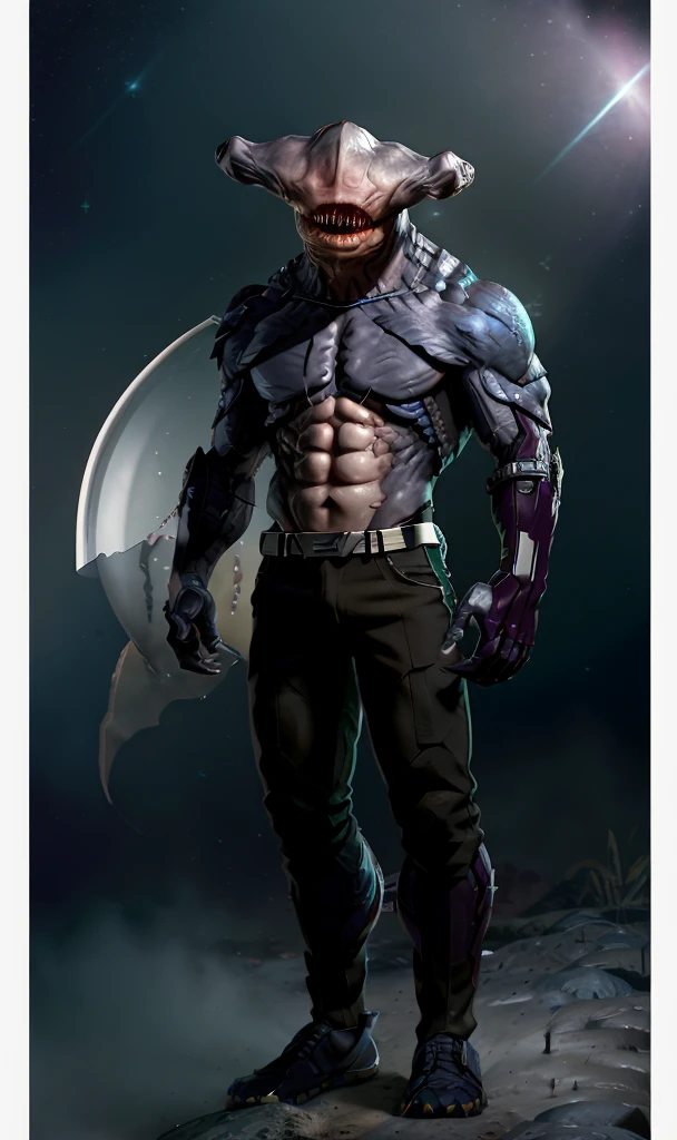 hammh2023, 8k, uhd, science fiction, best quality, masterpiece, photorealistic, chest armor, cyberpunk armored, tactical armor with bubble helmet, large head, sharp teeth, detailed purple skin, wide angle shot, action pose, claws, 3 fingers, mutant, alien, creature, monster, giant hammerhead in a field wearing a space suit with a glass bubble helmet