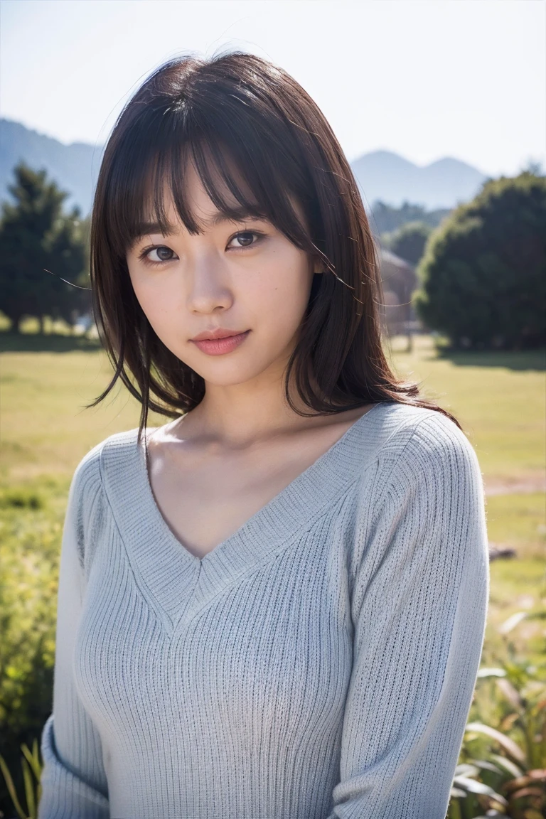 (8K, RAW Photos, Highest quality, masterpiece:1.2), Very detailed, Super Resolution, (Realistic, Realistic Photo:1.37), Portraiture, High-resolution RAW color photos, Professional photos, Very detailedで美新しい, Very detailed, 8K壁紙, Amazing details, Large file size, Official Art, highly detailed CG unity 8K壁紙, Very detailed美少女, Very detailed顔, Very detailed目, Very detailed肌, Very detailed指, Very detailed鼻, Very detailed詳細な口 , Perfect Anatomy, Very detailed背景, Very detailed衣服, 1 Girl,, 20th generation, Cute girl, Realistic body, small, Fair skin, Glowing Skin , Black Hair , Curly Hair、 smile,  Cute face, Realistic face, Delicate eyes, V Neck Knitted Dress, Looking at the audience, Cowboy Shot,  Dynamic Lighting, Large Breasts,
