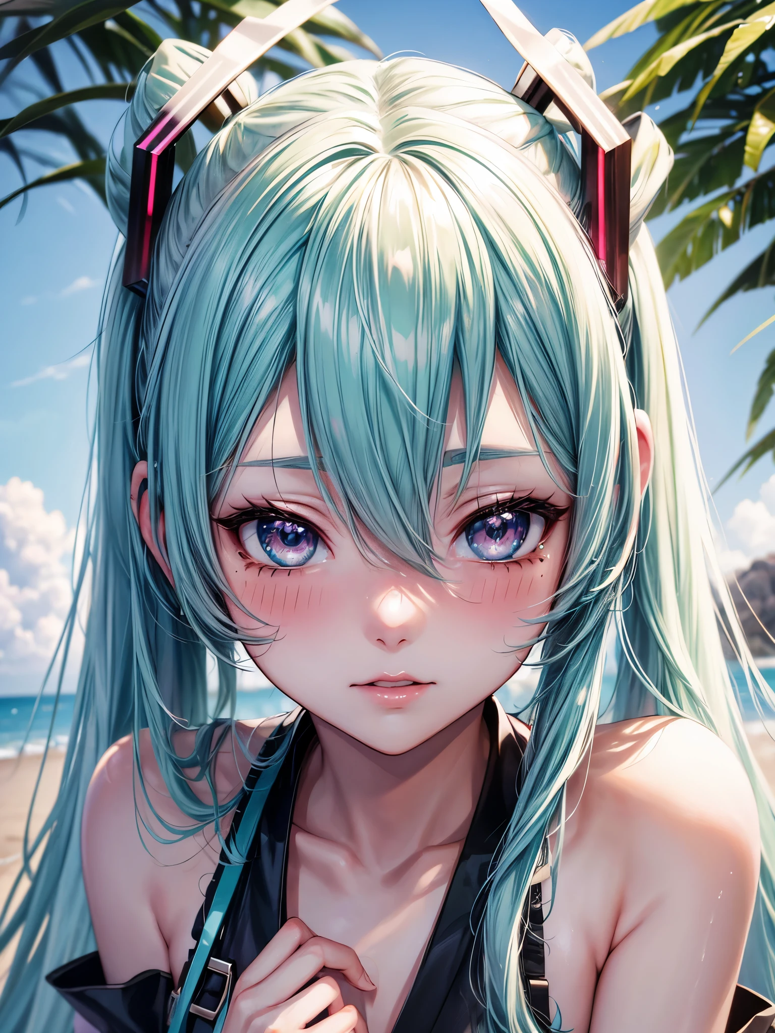 Hot Hatsune Miku、pfotorealistic, Highresolution, 1 woman, white-haired, Korean, Small moles under the eyes,outdoor, blush,