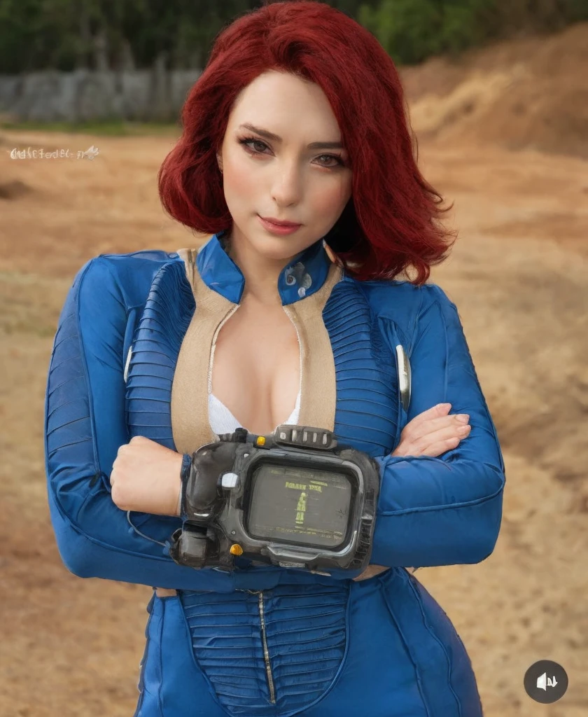 Crie uma obra de arte digital com Sweetie Fox no universo Fallout. She is 5'5" with a slender construction, mas forte, sporting her iconic red hair tied into a practical ponytail. Her piercing blue eyes display a mix of determination and vulnerability.. Dressed in a modified Vault-Tec jumpsuit, she combines practicality with her unique talent, adding elements from his well-known fox cosplay – think pointy ears and subtle fox markings. She is armed with a laser rifle slung over her shoulder., and her belt is adorned with bags and accessories, ready to face the post-apocalyptic wasteland. The backdrop is a desolate landscape, with remains of a ruined city behind it, capturing the strange, Fallout's still intriguing essence.
