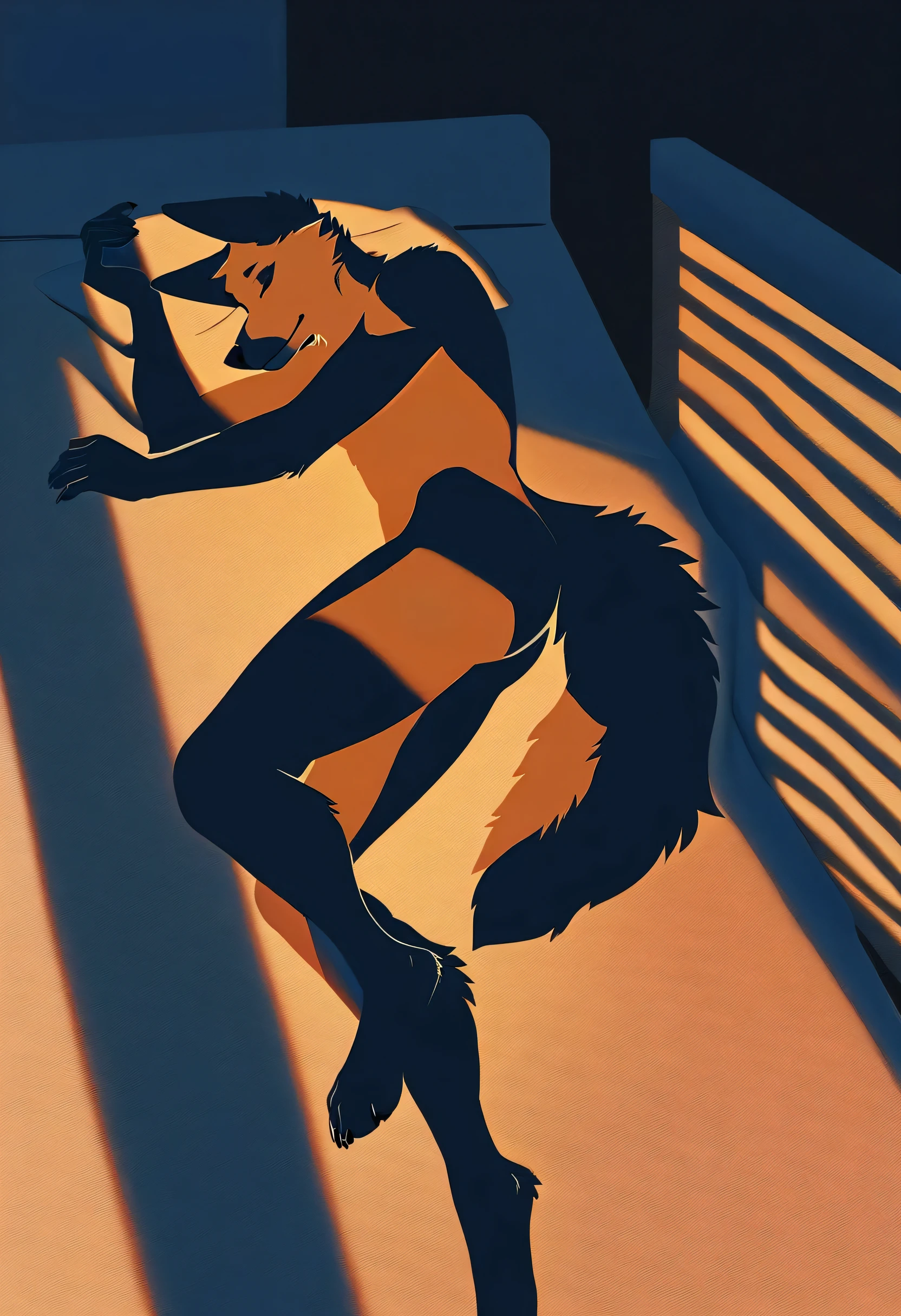 solo, male, anthro, (coyote), by tritscrits, digitigrade, digital artwork, (flat colors:1.3), ((detailed background)), (perfect hands), ((intricate detailed background, powerful silhouette, mysterious shadows), realistic shading, (epic, masterpiece, high quality, 8k, ultra HD, absurd res, top quality, best quality, max quality, masterpiece), (sheath), ((sexy, ((feminine body)))), laying on side, sleeping, (tail:1.2), dusk,
