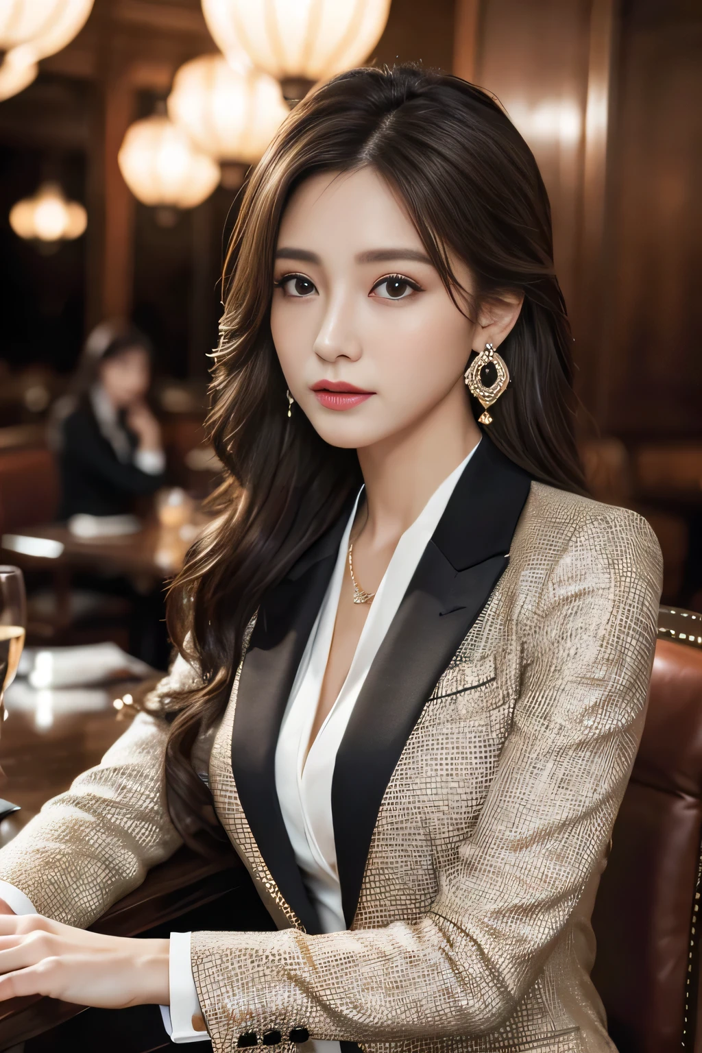 masterpiece, Highest quality, Realistic, Very detailed, Finer details, High resolution, 8k wallpaper, One beautiful woman, Wear a nice suit, In a great restaurant, At night, Light brown messy hair, Perfect dynamic composition, Beautiful and beautiful eyes、Big earrings、Sit on a chair、