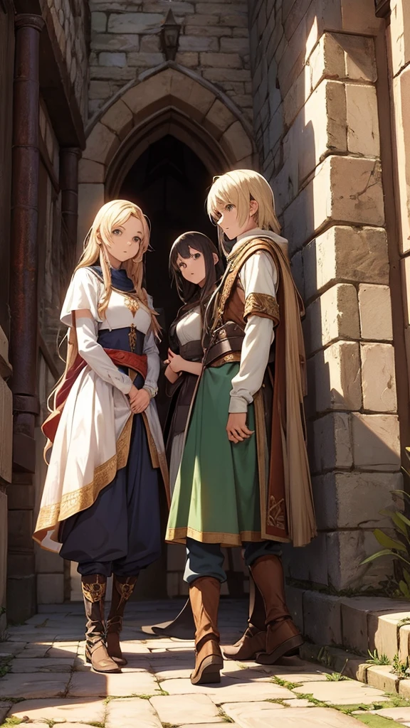 The three friends exploring the medieval fantasy world where they have just arrived