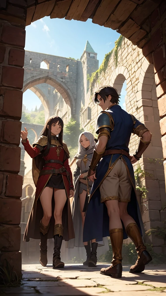 The three friends exploring the medieval fantasy world where they have just arrived