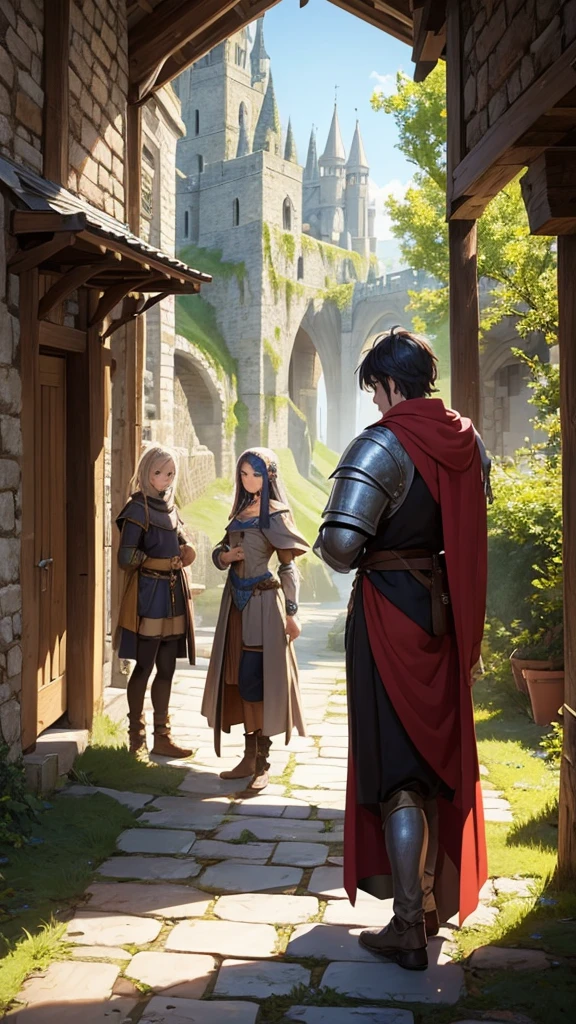 The three friends exploring the medieval fantasy world where they have just arrived