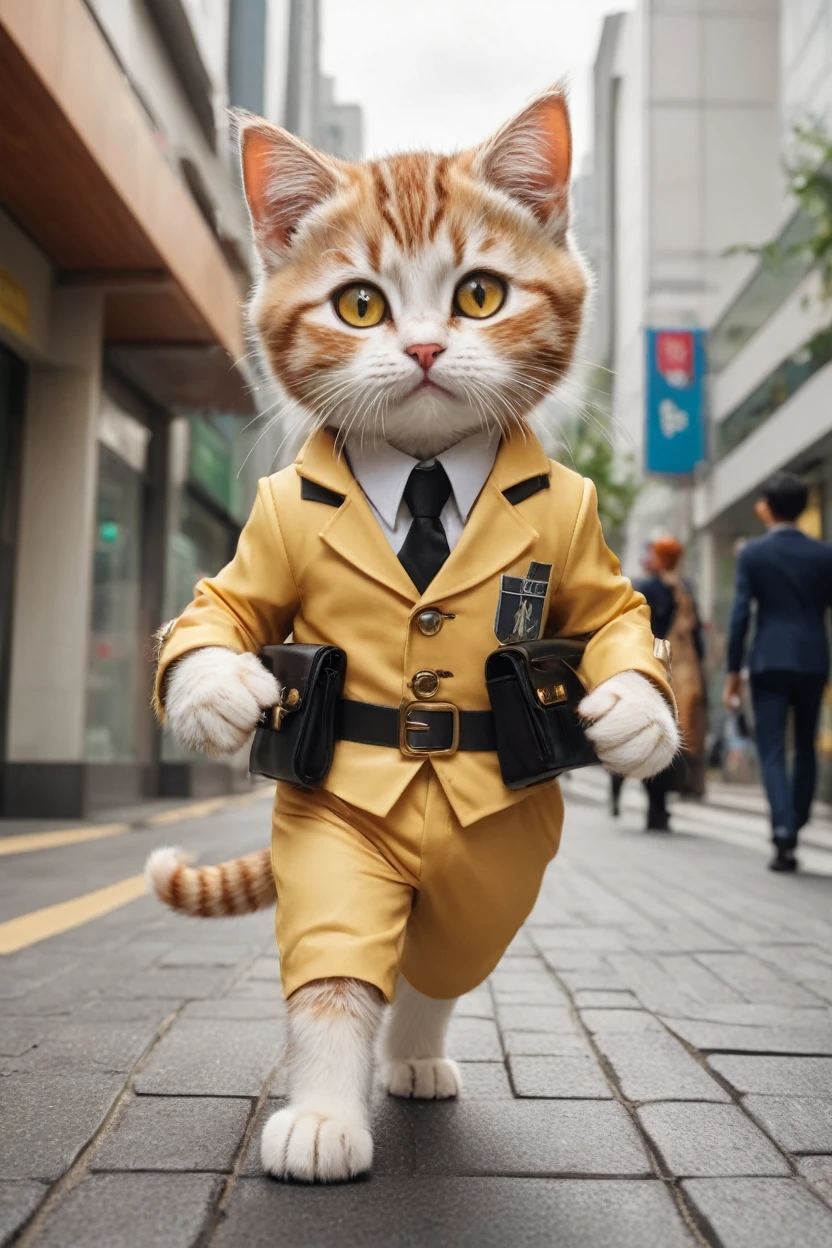 small, There are no humans in this world、The world of anthropomorphized cats、かわいいbornき物,Anthropomorphic３Cats are robbing a bank、 Both the bank staff and the bank customers are cats wearing anthropomorphic clothing.、whole body,Walking through a peaceful modern city, Costumes,、 Fantasy art, Exquisite detail, An anthropomorphic, fat, furry tabby kitten with yellow eyes, Movie Scenes, Dramatic shot angles, , Realistic, born々Amazing cinematic photorealism, Action Portrait, 8K, detailed, Full Frame