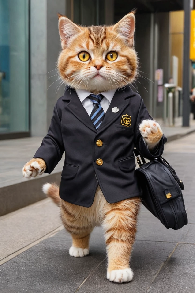 small, There are no humans in this world、The world of anthropomorphized cats、かわいいbornき物,Anthropomorphic3Cats are robbing a bank、 Both the bank staff and the bank customers are cats wearing anthropomorphic clothing.、whole body,Walking through a peaceful modern city, Costumes,、 Fantasy art, Exquisite detail, An anthropomorphic, fat, furry tabby kitten with yellow eyes, Movie Scenes, Dramatic shot angles, , Realistic, born々Amazing cinematic photorealism, Action Portrait, 8K, detailed, Full Frame