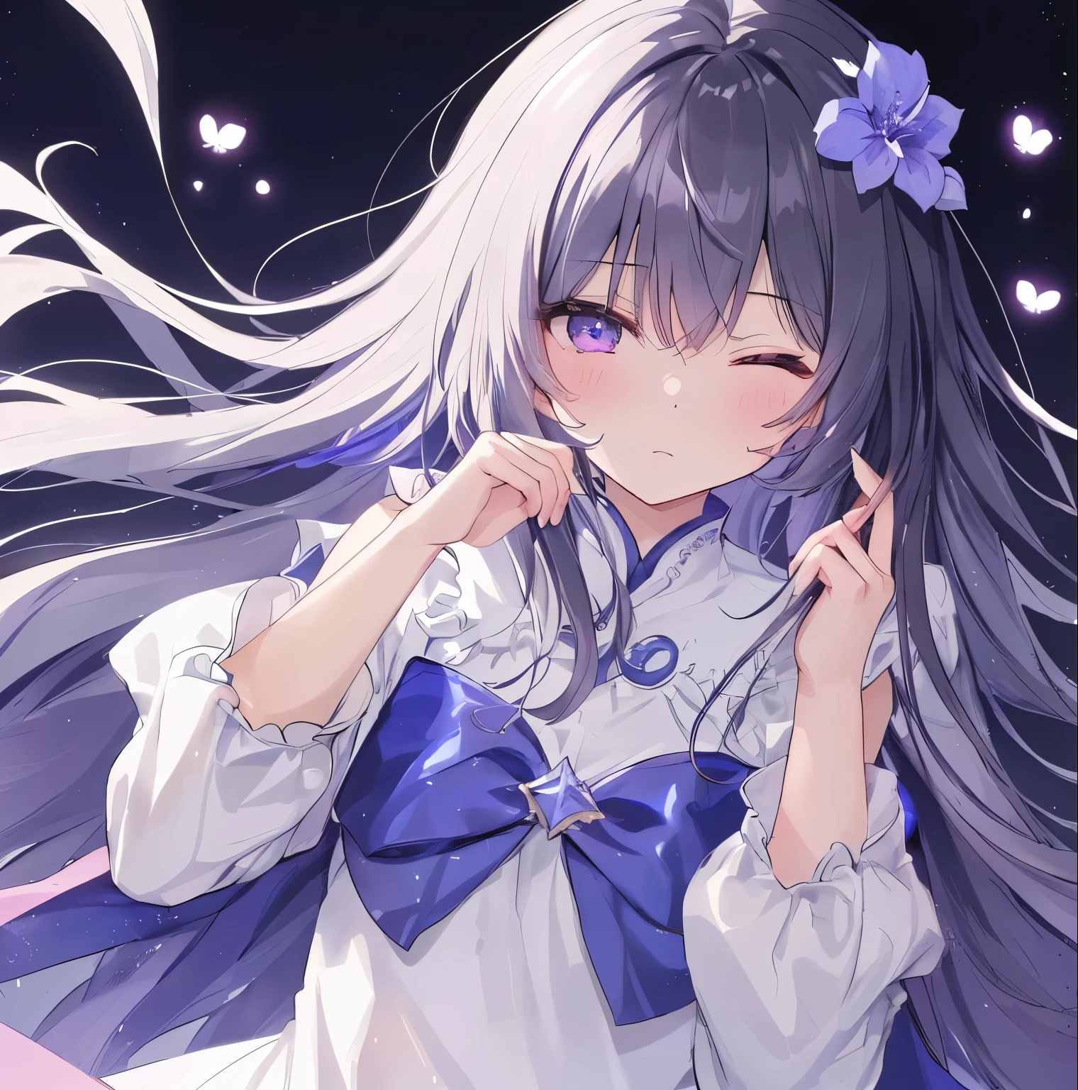 most(Best quality,8K,masterpiece:1.2)(Granular shiny eyes,Bright shining eyes,intricate irises,Delicate lashes,Detailed eyeliner strokes:1.1),Black hair,Purple,blue。Pink Eyes。(charming,Shy,astringent:1.2)。Clear eyes,Ultra Detailed,Watercolor style,fairy tale theme,color palettes。Have beautiful delicate eyes and a sweet smile,It creates a warm and inviting atmosphere。Emphasize astringent。Add a touch of sexiness to the scene。have(muted pastels)。fairy tale,Light,Fighting Spirit Awakening Series Skin Color。yandere,Q version avatar,Open one eye and close one eye。(DetAiled left eye closed,The delicate iris of the right eye:1.2),Fierce eyes。(masculine,astringent,Long hair: 1.3),16k Wallpaper。Small Eyes