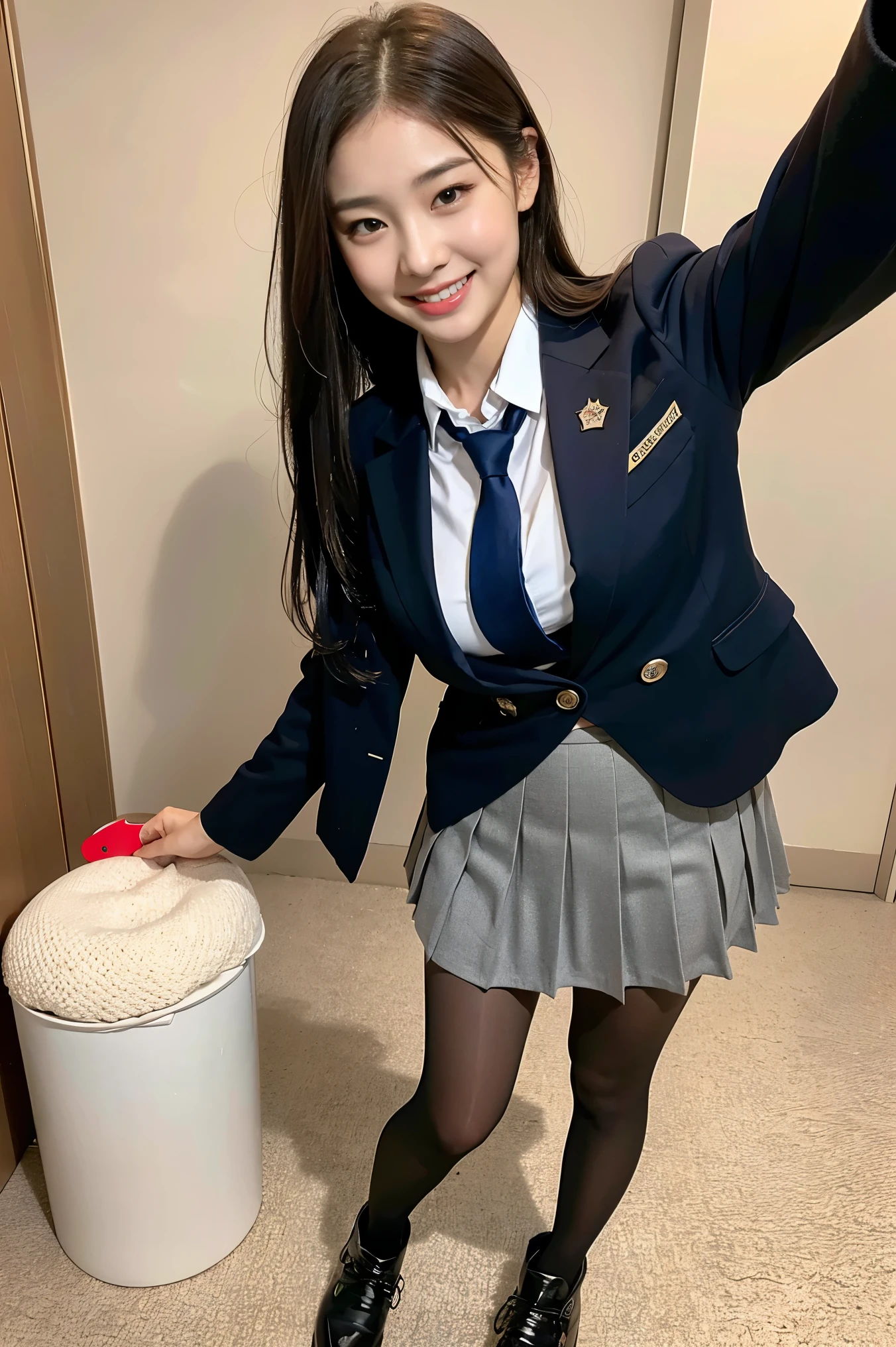 (8k), (highest quality: 1.2), (Realistic), (Realistic: 1.37), Ultra-high resolution, 1 girl, cute, smile, Mouth closed, Beautiful details, Beautiful Nose, whole body, Wet Hair, Giant Dulcefo, pork, Thighs，Selfie,Navel exposed,University Student Uniform,A simple blazer,Pleated skirt,Platform boots,Are standing, natural pantyhose 