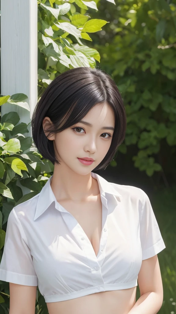 (masterpiece:1.3), (8K, Realistic, RAW Photos, Highest quality: 1.4), Japanese, (One girl), Beautiful Face, (Realistic Face), (Black Hair, short hair:1.3), Beautiful hairstyle, Realistic eyes, Beautiful attention to detail, (Realistic Skin), Beautiful Skin, Charm, Ultra-high resolution, Ultra-realistic, Very detailed, Golden Ratio, (Detailed face:1.2),View your viewers,smile,Open white shirt,Medium chest,Are standing,Hands on hips