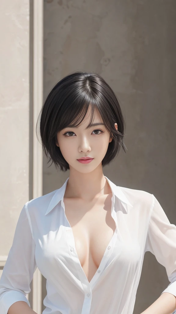 (masterpiece:1.3), (8K, Realistic, RAW Photos, Highest quality: 1.4), Japanese, (One girl), Beautiful Face, (Realistic Face), (Black Hair, short hair:1.3), Beautiful hairstyle, Realistic eyes, Beautiful attention to detail, (Realistic Skin), Beautiful Skin, Charm, Ultra-high resolution, Ultra-realistic, Very detailed, Golden Ratio, (Detailed face:1.2),View your viewers,smile,Open white shirt,Medium ,Are standing,Hands on