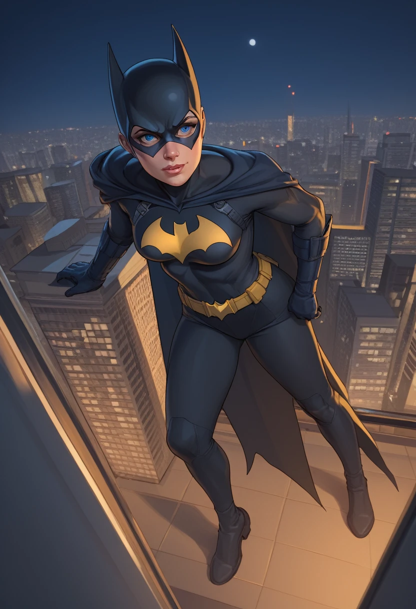 score_9, score_8_up, score_7_up, batgirl watching over gotham city, from above, at night