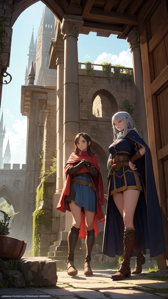 The three friends exploring the medieval fantasy world where they have just arrived