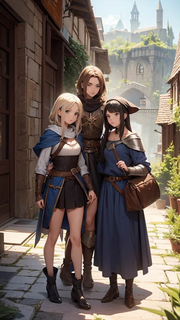 The three friends exploring the medieval fantasy world where they have just arrived