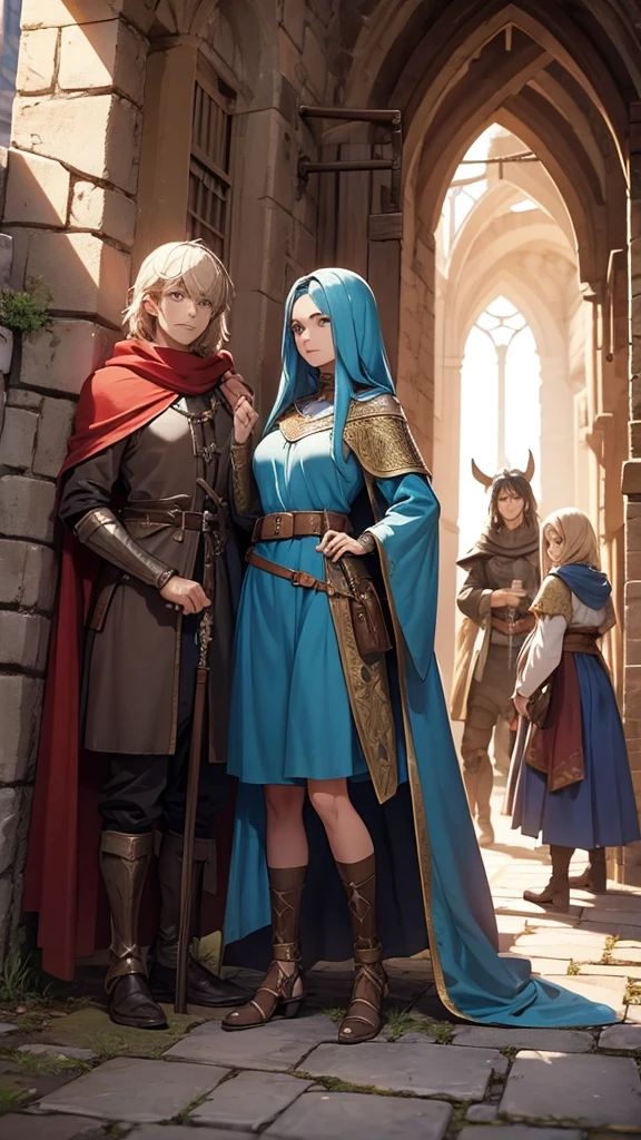 The three friends exploring the medieval fantasy world where they have just arrived