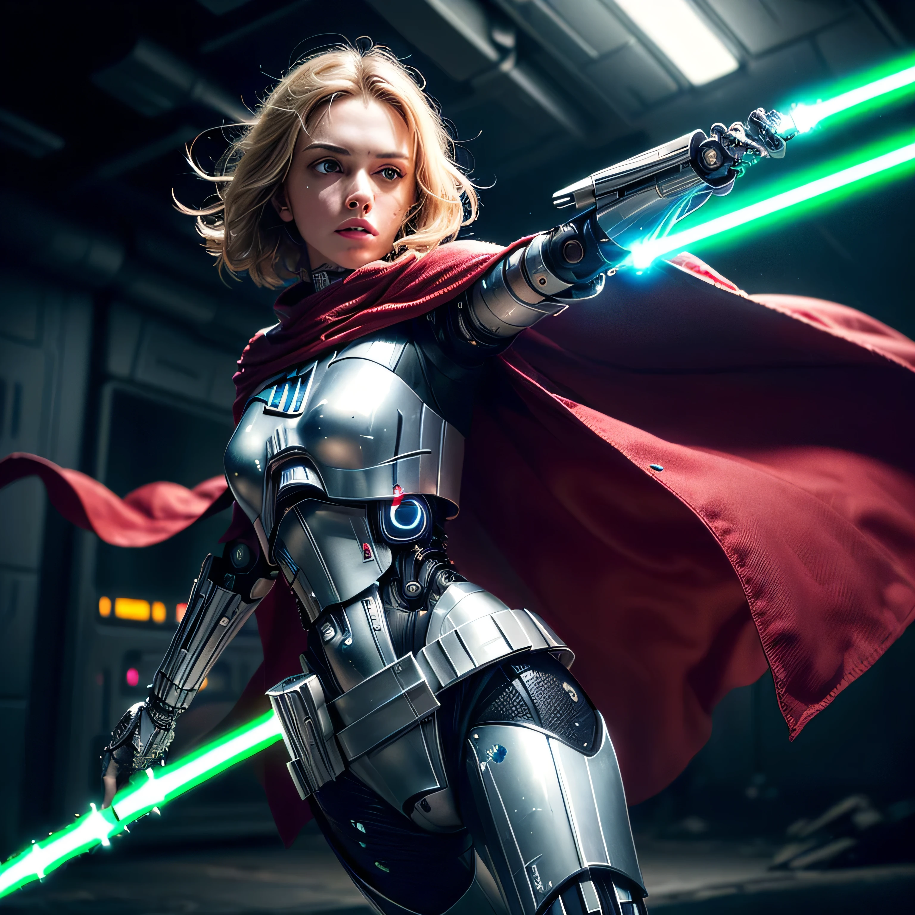 (masterpiece, photorealistic:1.4, extremely intricate:1.3), (photon mapping, radiosity, physically based rendering, ultra resolution, hyper-realistic, hyper-realistic, 8K, (dtx)), teen supermodel , ((lacquered white perfectchainmail armor:0.8, ((mechanical limbs, cybernetic arms, futuristic cyborg, ((weapon))), tattered red cape), blue lightsaber, intense, [skin detail:freckles:0.8])), metal reflections, blank background, empty room, dark room, black background, no scenery, professional photograph, (straight blonde hair, wind, windy, running dynamic movement pose, arm raised), sharp focus, dramatic, award winning, (film grain, bokeh, interaction)
