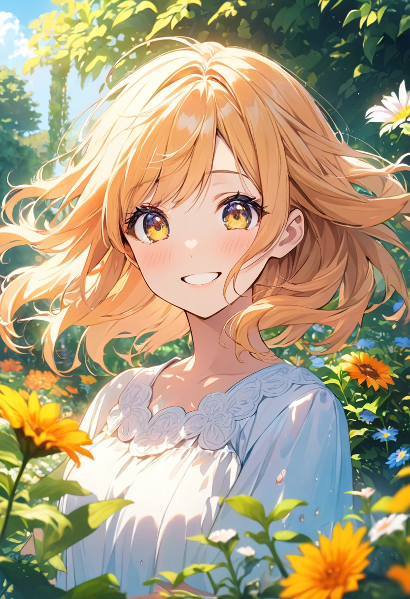 (Highest quality,High resolution:1.2), Vibrant colors, garden, sunny day, summer, Bright atmosphere, One girl, Beautiful attention to detail, Long eyelashes, ((Drop your eyes, Happy expression)), Flowing Hair, summer色のドレス, short hair, Cowboy Shot