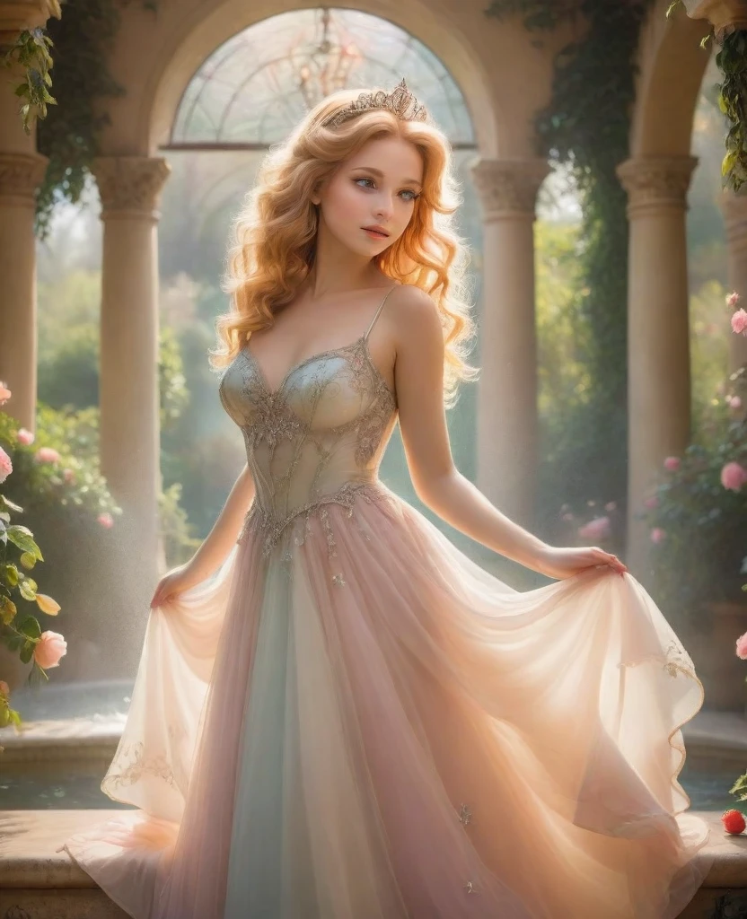princess in blissful languor, beautiful detailed eyes, beautiful detailed lips, flowing gown, dreamy expression, golden hair cascading down, sparkling tiara, strawberry blonde curls, royal palace, soft sunlight filtering through stained glass windows, exquisite chandelier lighting, romantic atmosphere, vibrant colors, Mediterranean garden, fragrant flowers in full bloom, fountain with dancing water, whispering breeze, whimsical butterflies fluttering around, faint sound of birds chirping, lush greenery, ivy-covered trellis, endless rows of blooming roses, Prince Charming's irresistible presence, anticipating love and happiness, (best quality, 4k, 8k, highres, masterpiece:1.2), ultra-detailed, (realistic, photorealistic, photo-realistic:1.37), romantic portrait style, soft pastel color palette, dreamy lighting, ethereal ambiance