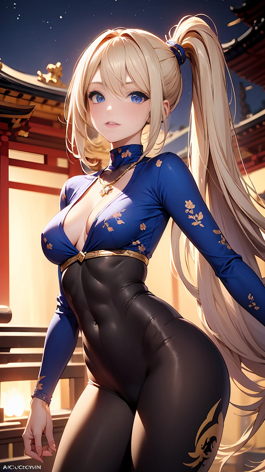Beautiful woman with mid straight ponytail blond hair with blue eyes wearing an Black Tight Leggings With Golden Dragon Prints, a Royal Blue Sexy Criss Cross Mock Neck Mid Sleeves Blouse With Phoenix Prints, luxurious jewelry and a luxurious necklace, 18k gold wedding ring on left hand, fighting in a Japanese temple at night, (caucasian skin), (light brown lipstick), (elegant mascara), (slim body with abs), (small breasts), (wide hips), midjourney, <lora:GoodHands-, <lora:GoodLegs-, UHD, high resolution, (masterpiece:1.1, best quality), (expressive eyes, perfect face, full body, expressive face, perfect body, perfect pussy, athletic, fit, slim body, blushing, Perfect makeup, eyeliner, beautiful eyelashes, smiling, horny face), ((best illumination, best shadows)), ((fight pose)),