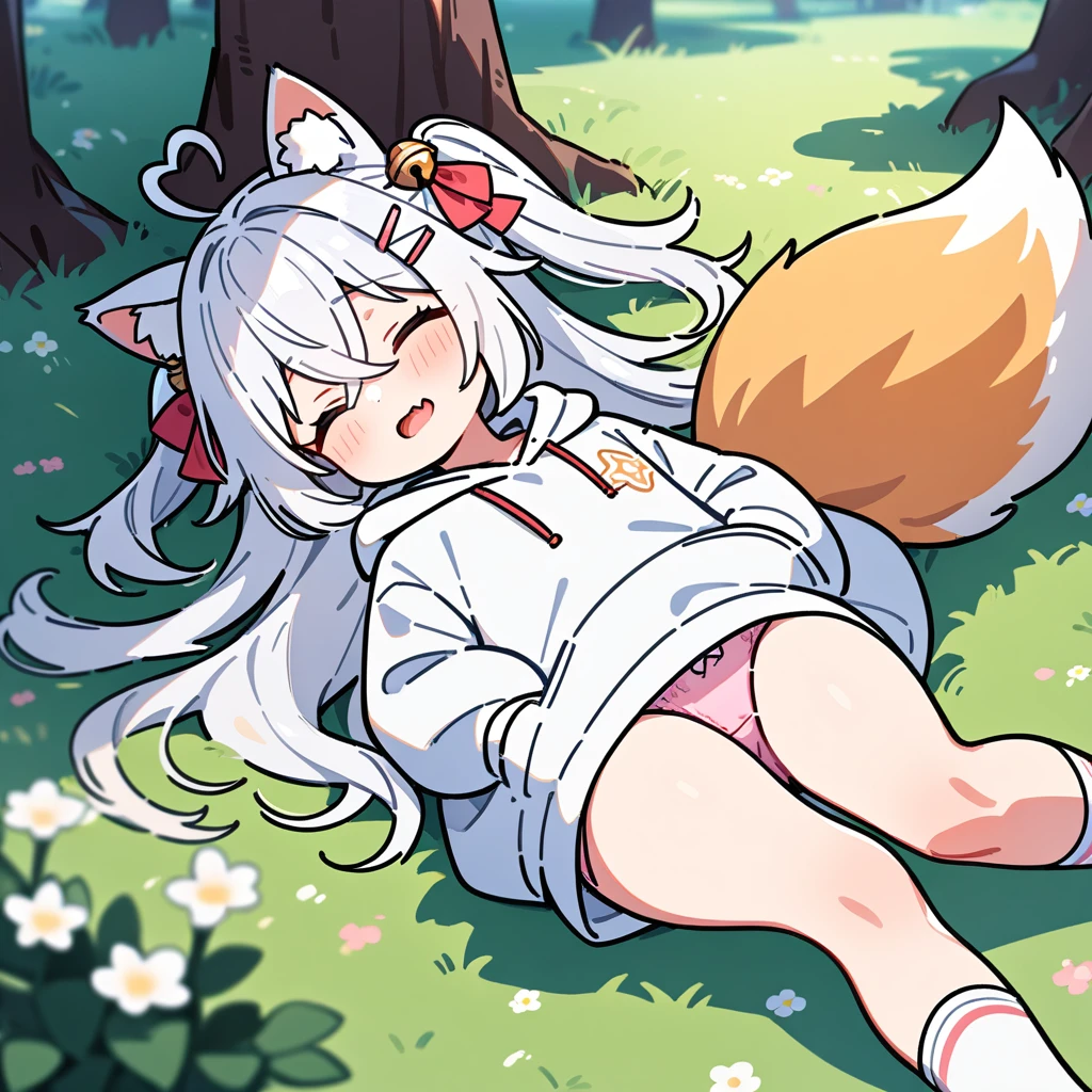 (masterpiece:1.2,high quality),8K,High resolution,A seven-year-old girl,cute girl,white hair,long hair,crossed bangs,hair bell,hairclip,hair two side up,Sleeping,heart ahoge,cat ears,laughing,skin fang,saliva,Wear a white hoodie,no shorts,pink panties,Bows on panties,Lying in the forest,There are flowering trees on both sides,primary school student,thigh,Calf,white socks,fox tail,alone,(Put your hands in your pockets)