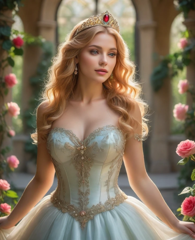 princess in blissful languor, beautiful detailed eyes, beautiful detailed lips, flowing gown, dreamy expression, golden hair cascading down, sparkling tiara, strawberry blonde curls, royal palace, soft sunlight filtering through stained glass windows, exquisite chandelier lighting, romantic atmosphere, vibrant colors, Mediterranean garden, fragrant flowers in full bloom, fountain with dancing water, whispering breeze, whimsical butterflies fluttering around, faint sound of birds chirping, lush greenery, ivy-covered trellis, endless rows of blooming roses, Prince Charming's irresistible presence, anticipating love and happiness, (best quality, 4k, 8k, highres, masterpiece:1.2), ultra-detailed, (realistic, photorealistic, photo-realistic:1.37), romantic portrait style, soft pastel color palette, dreamy lighting, ethereal ambiance