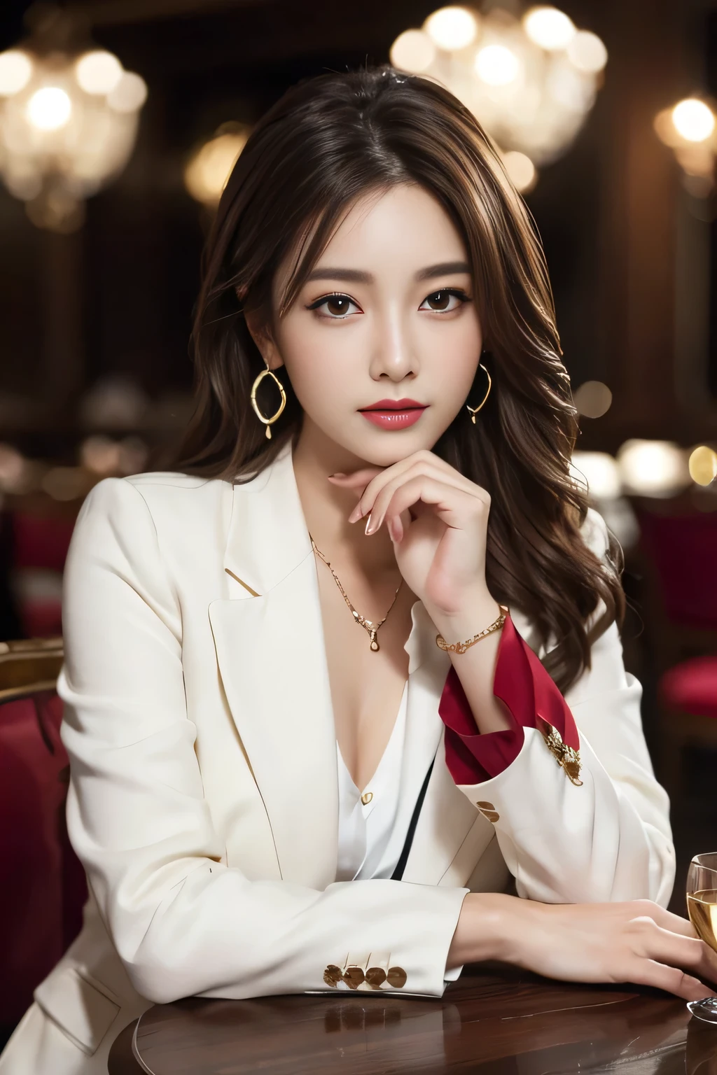 masterpiece, Highest quality, Realistic, Very detailed, Finer details, High resolution, 8k wallpaper, One beautiful woman, Wear a nice suit, In a great restaurant, At night, Light brown messy hair, Perfect dynamic composition, Beautiful and beautiful eyes、Big earrings、Sit on a chair、