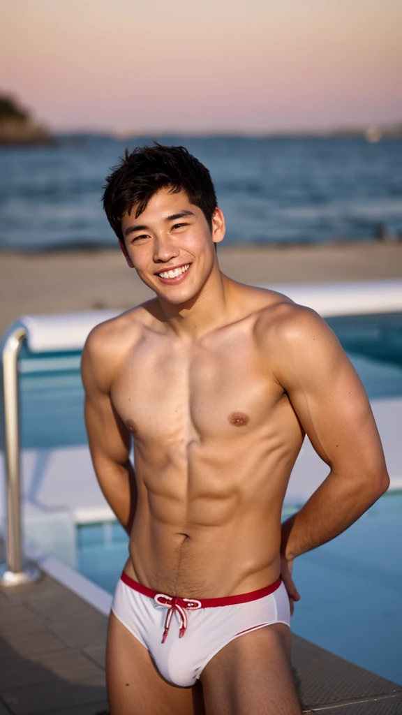 male Age 28 swimwear lifeguard topless smile in the evening
