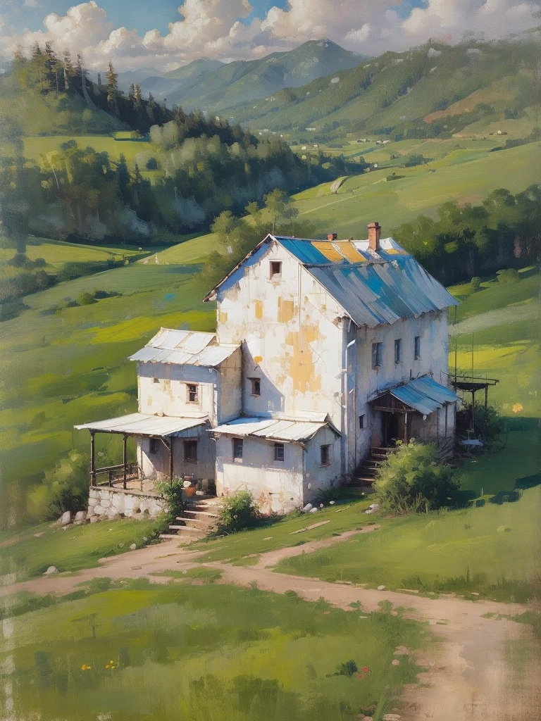 Mountain Landscape Print | Vintage oil painting, (OLD FARM HOUSE) AERIAL VIEW OF MINAS GERAIS
