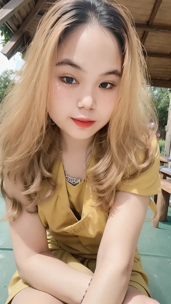 1girl, cute, smaller chest, blonde hair, long hair, wavy hair, bangs, nude, sitting, outdoor, full-body portrait, (best quality,4k,8k,highres,masterpiece:1.2),ultra-detailed,(realistic,photorealistic,photo-realistic:1.37)