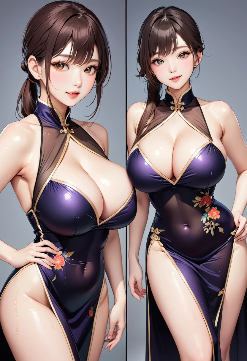 (masterpiece,highest quality,超A high resolution),japanese woman, (((Very beautiful 25 year old girl))), pretty girl、look at the photographer､  ((beautiful low ponytail)), super cute face, glossy lips, double eyelids in both eyes,natural smile、 natural makeup, long eyelashes, Shiny and smooth hair､center image,  perfect limbs, perfect anatomy,(((China dress)))、((See-through)),wet with sweat,，Big breasts，cleavage