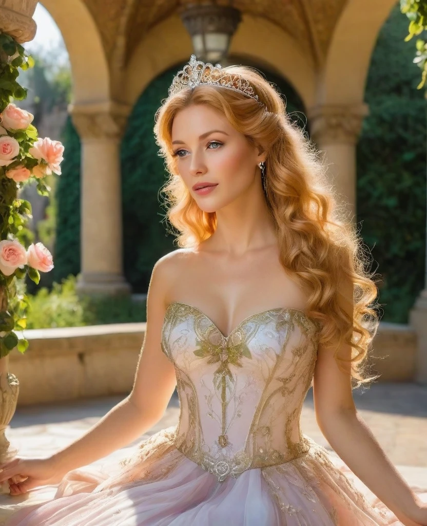 Dramatic composition, court-style dresses, royal, gorgeous, cascading frills, ruffles, bows, crystal chandeliers, Roman curly hairstyles, ponet, double ponytails like drills, look at the camera, bangs, maximalism, palatial background, delicate portrayal of hair and eyes, princess dresses, gorgeous skirts, flowers in hand, smiles, starry eyes, cinematic light, extreme detail, high definition, happy girl, very long hair, diamonds, broken diamonds, crystal fragments, light particles
