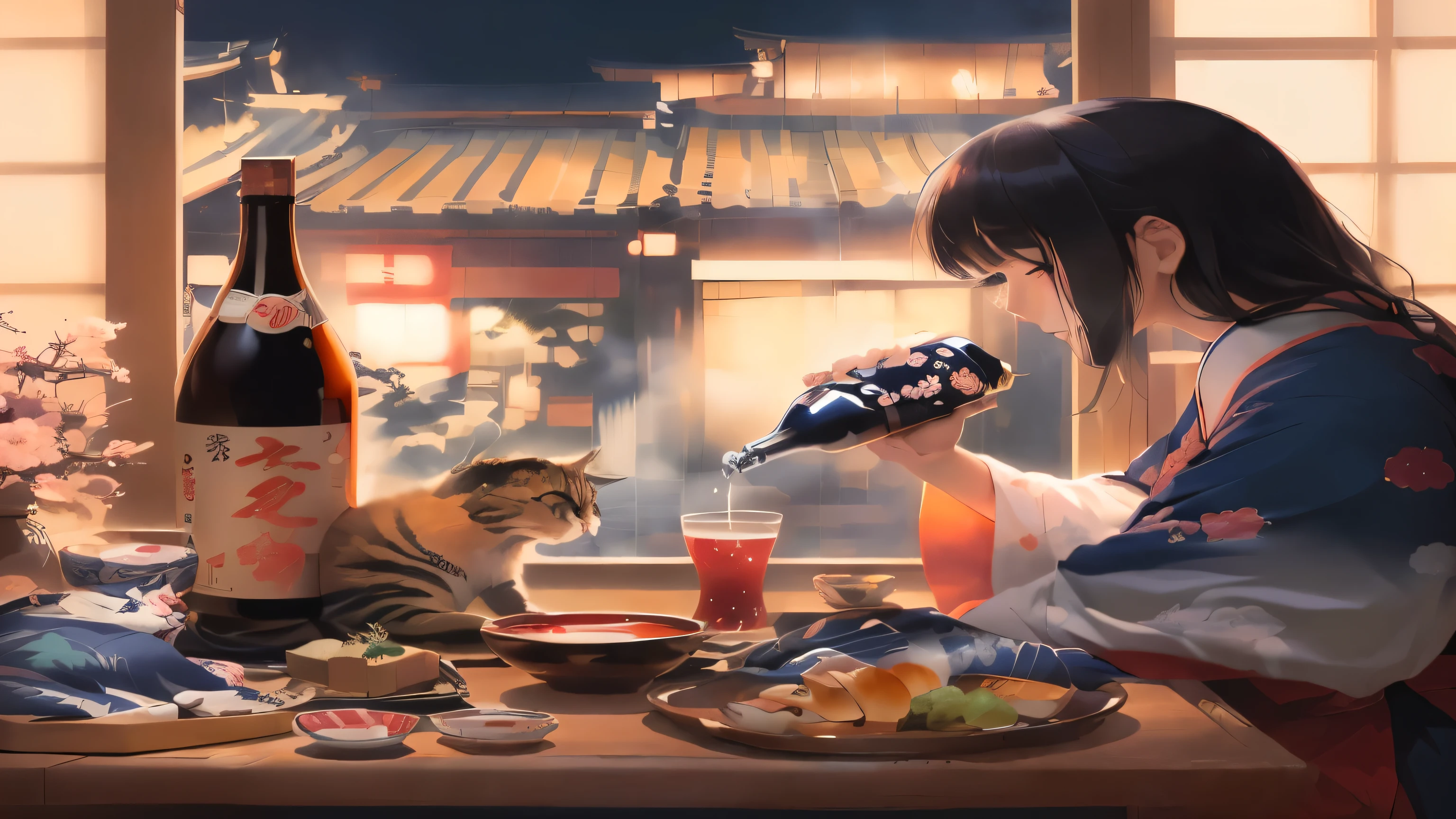 An anime girl is pouring a drink into a glass、The cat is sitting next to him, The art of Japan style, Japanese illustrationレーター, Japanese illustration, Traditional Japanese concept art, In the Ukiyo-e art style, traditional The art of Japan, Written by Kano Naizen, The art of Japan, Japanese animation style, inspired Written by Kano Naizen, Japanese manga style, ukiyoe style